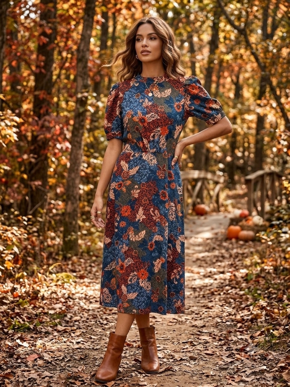 julia jordan Blue Floral Puff-Sleeve Midi Dress